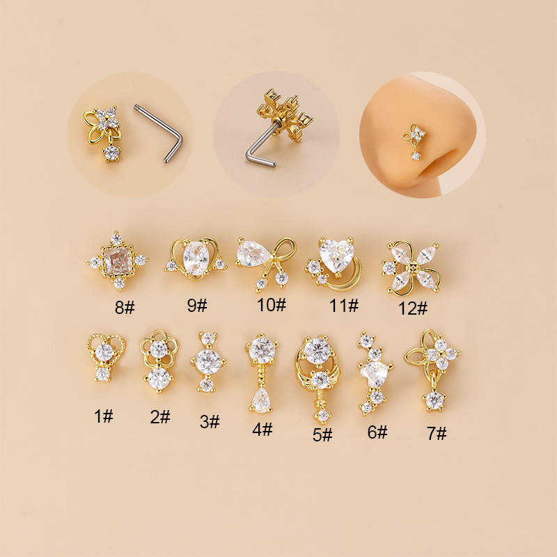 20G L-Shaped Cubic Zircon Nose - Body Jewelry Nose Studs reseña y precio