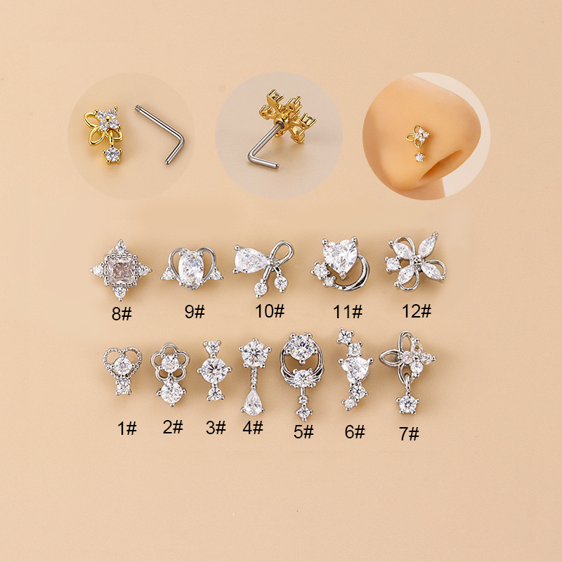 20G L-Shaped Cubic Zircon Nose - Body Jewelry Nose Studs reseña y precio